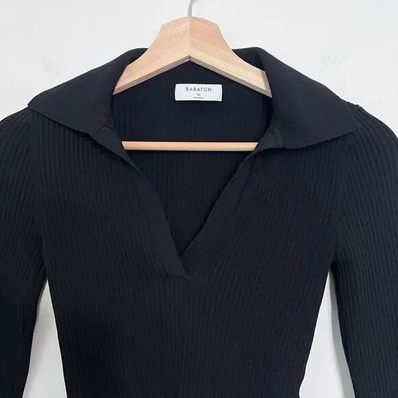 Aritzia Babaton Black Sculpt Knit Long Sleeve Polo Cropped Ribbed Knit Top XS - Picture 4 of 8